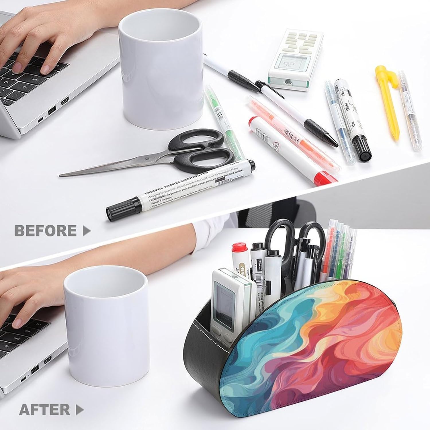Rainbow Color Abstract Illustration Remote Control Holder with 5 Compartments Desktop Organizer PU Leather TV Remote Box Multi-Purpose Storage for Office Bedside Nightstand image 3