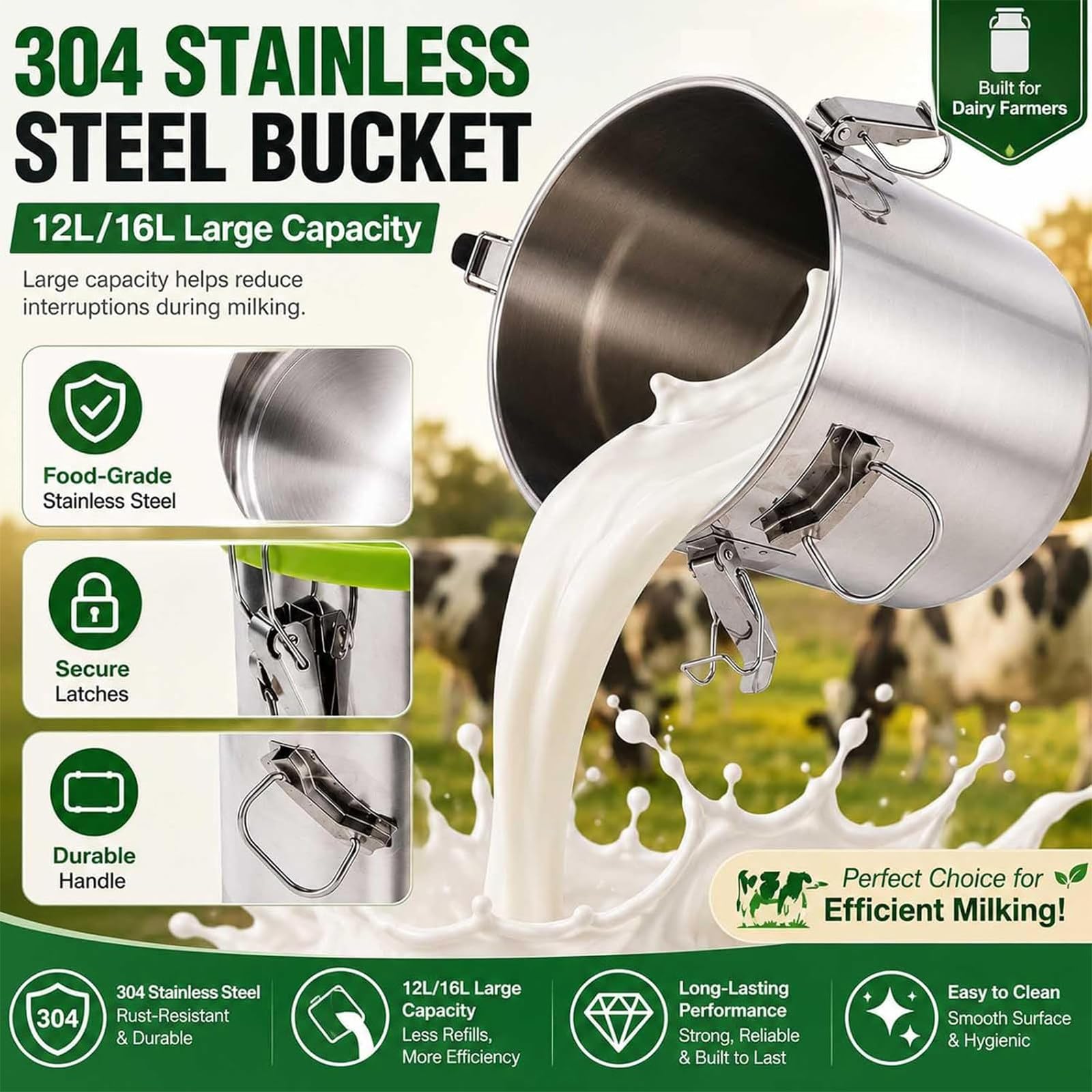 Mungitrice Automatica per Mucche e Capre, Mungitrice Elettrica Senza Fili con Vuoto e Pulsazione Regolabile, Secchio Inox Alimentare, Attrezzatura Portatile per Piccole Aziende (16L)