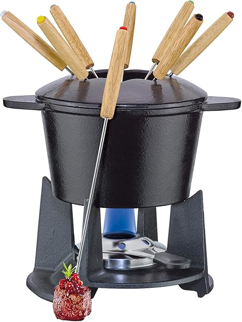 Zestaw żeliwny do fondue GRENOBLE czarny, Ø 15,5 cm z 8 widelczykami do fondue