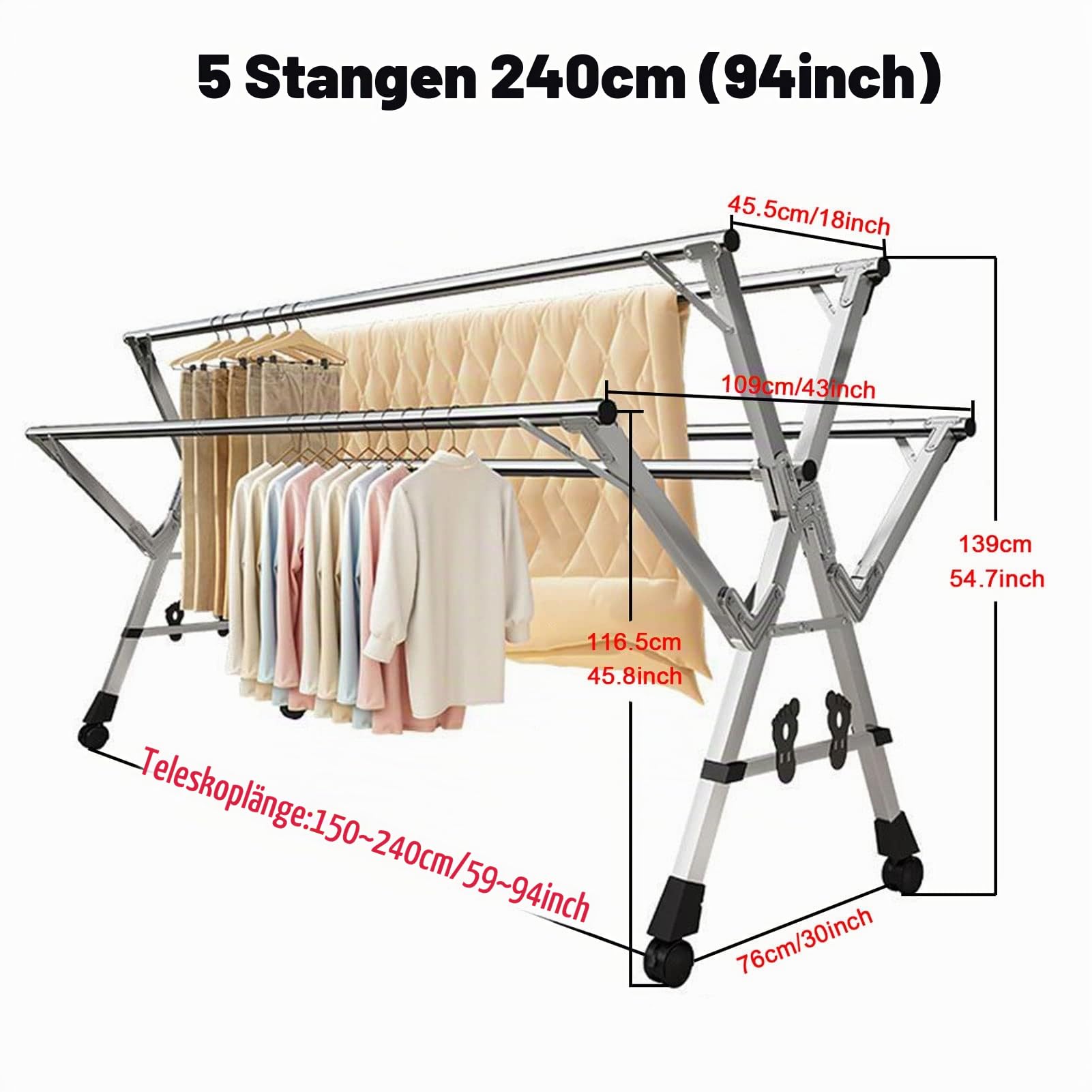 5-Stangen Klappbarer Wäscheständer aus Edelstahl - Höhenverstellbar (150-240cm) mit Rollen & Schuhhaltern für Innen/Außen
