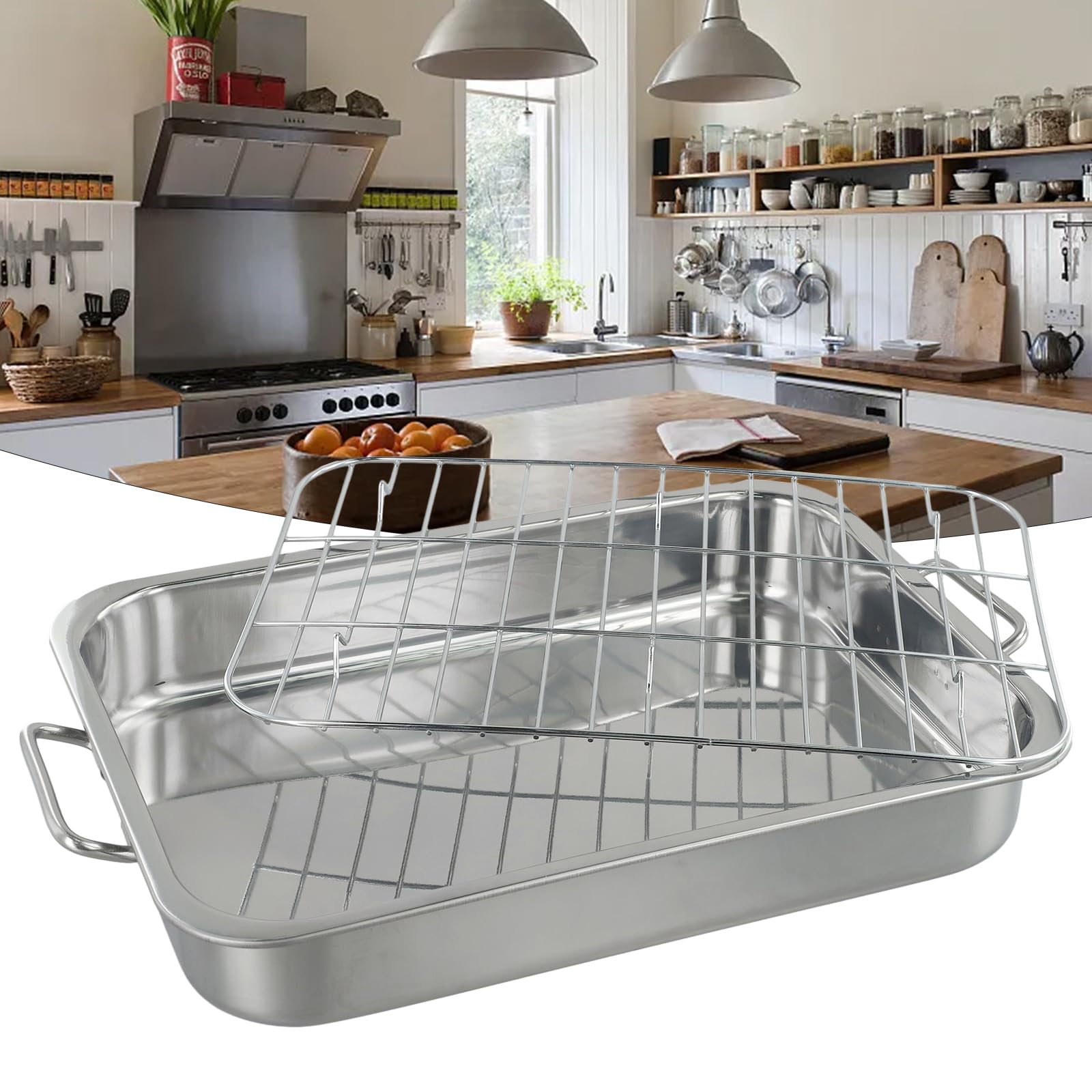 Juego de bandejas para asar, bandeja de horno de acero inoxidable con rejilla de alambre de acero, bandeja para hornear con estante para mayor comodidad (42 x 32 x 6,5 cm), 1178990180