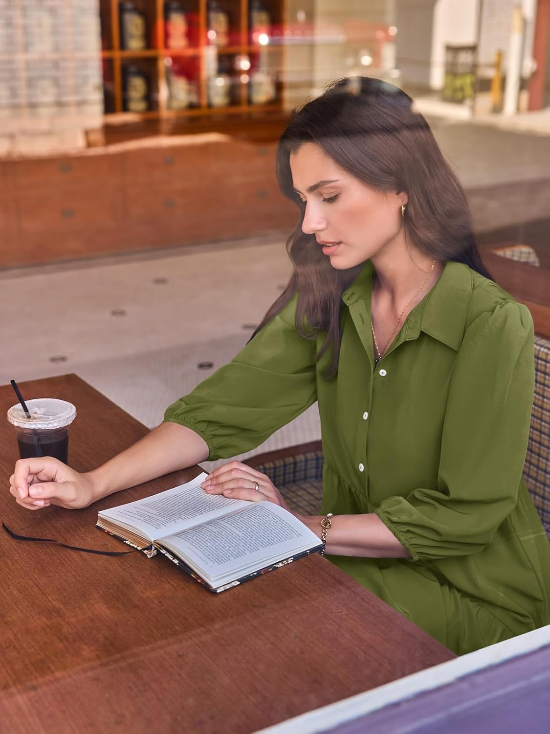 Wenrine Womens Casual 3/4 Sleeve Shirt Dress Button Down V Neck Tiered Collared Flowy Maxi Dress Army Green - Image 5