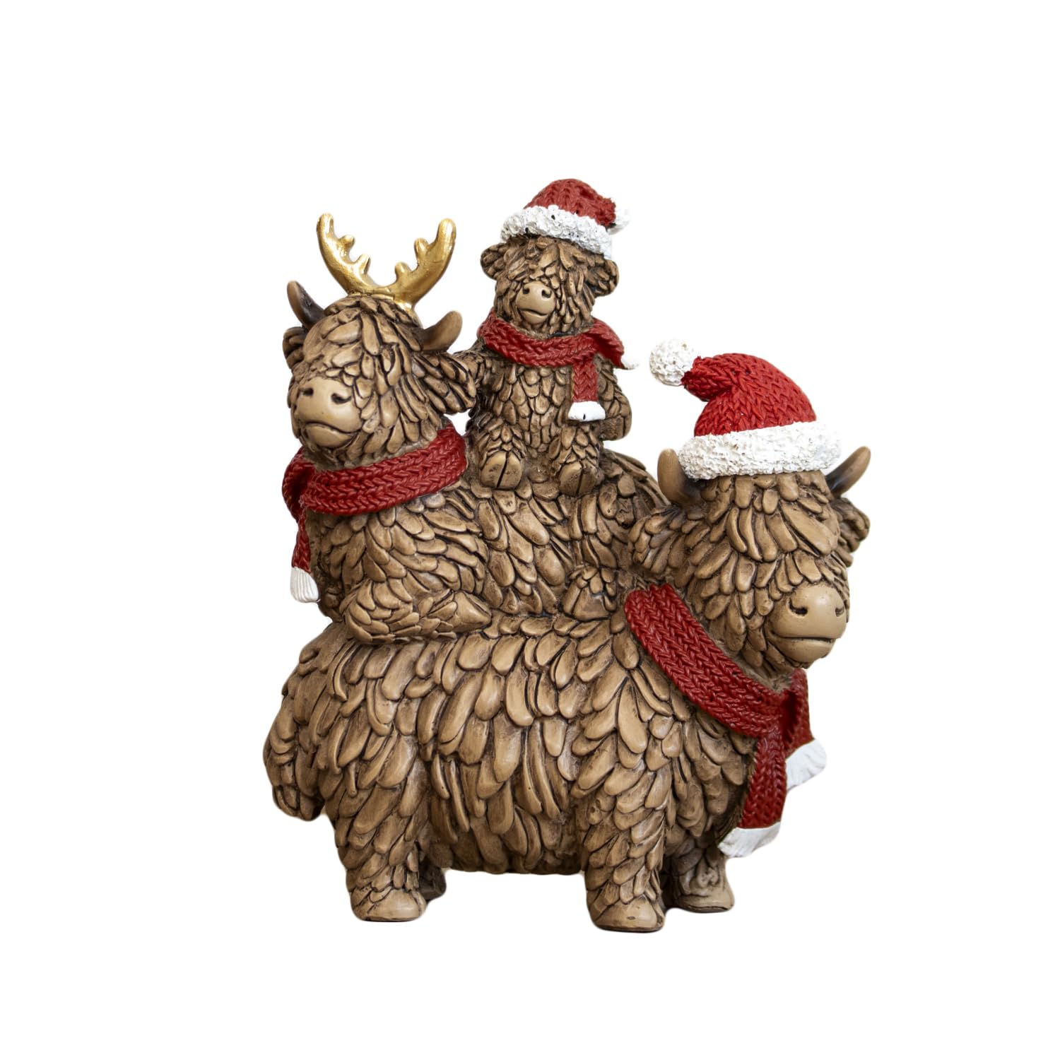 Darthome Brown, Red, White Christmas Highland Cow Trio Ornament, Brown Resin, Xmas Scottish Coo Animal Family