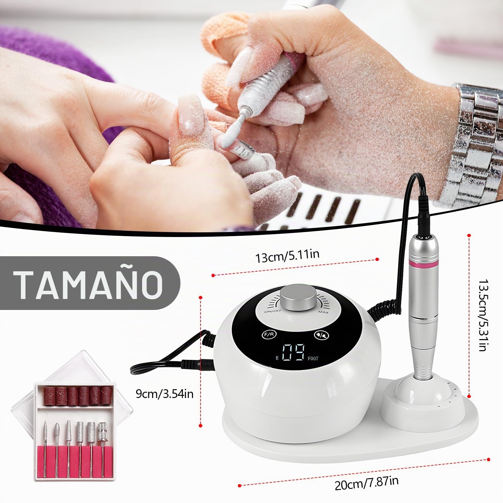 Taladro de Uñas, Torno para Uñas Profesional de 45000 RPM Para Uñas de Gel Juego de Manicura Eléctrico con Pedales Pantalla LED 6 Brocas para Uso Doméstico y Salones de Uñas