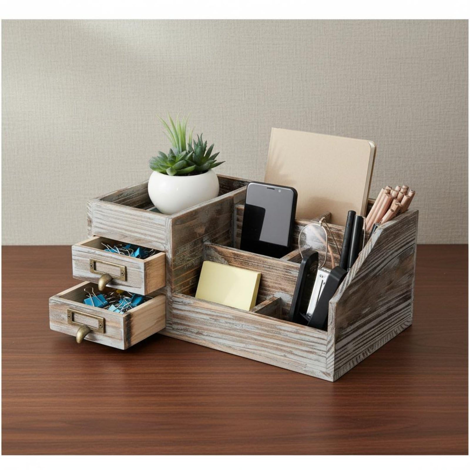 Organizer da Scrivania in Legno Contenitore Portadocumenti Cassettiera Portapenne con 6 Scomparti E 2 Cassetti con Portaetichette Adatto a Studio, Bianco Vissuto