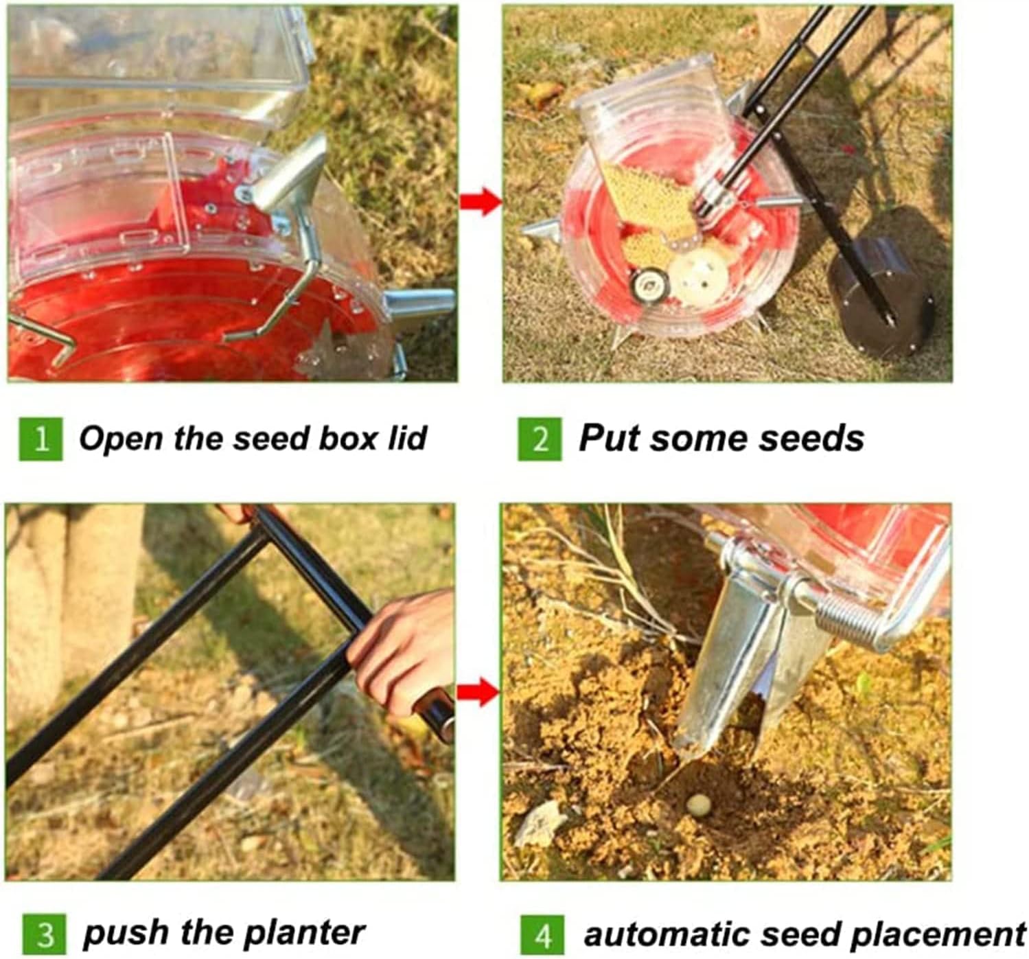 Garden Seeder, Metal Precision Push Seeder, Adjustable Pitch Manual Seeder, Lawn and Garden Compost Spreader, for Plants Corn, Bean, Vegetables,10 Holes
