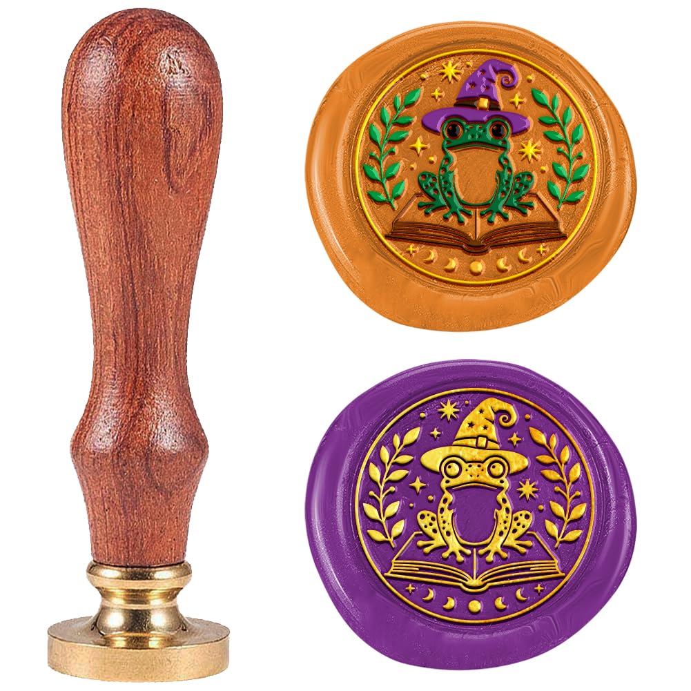 DELORIGIN Halloween Witch Frog Book Wax Seal Stamp Vintage Embossed Stamp Sealing Removable 1" Brass Seal Wax Head with Wooden Handle for Invitations Greeting Card Envelope Wine Gift Wrapping