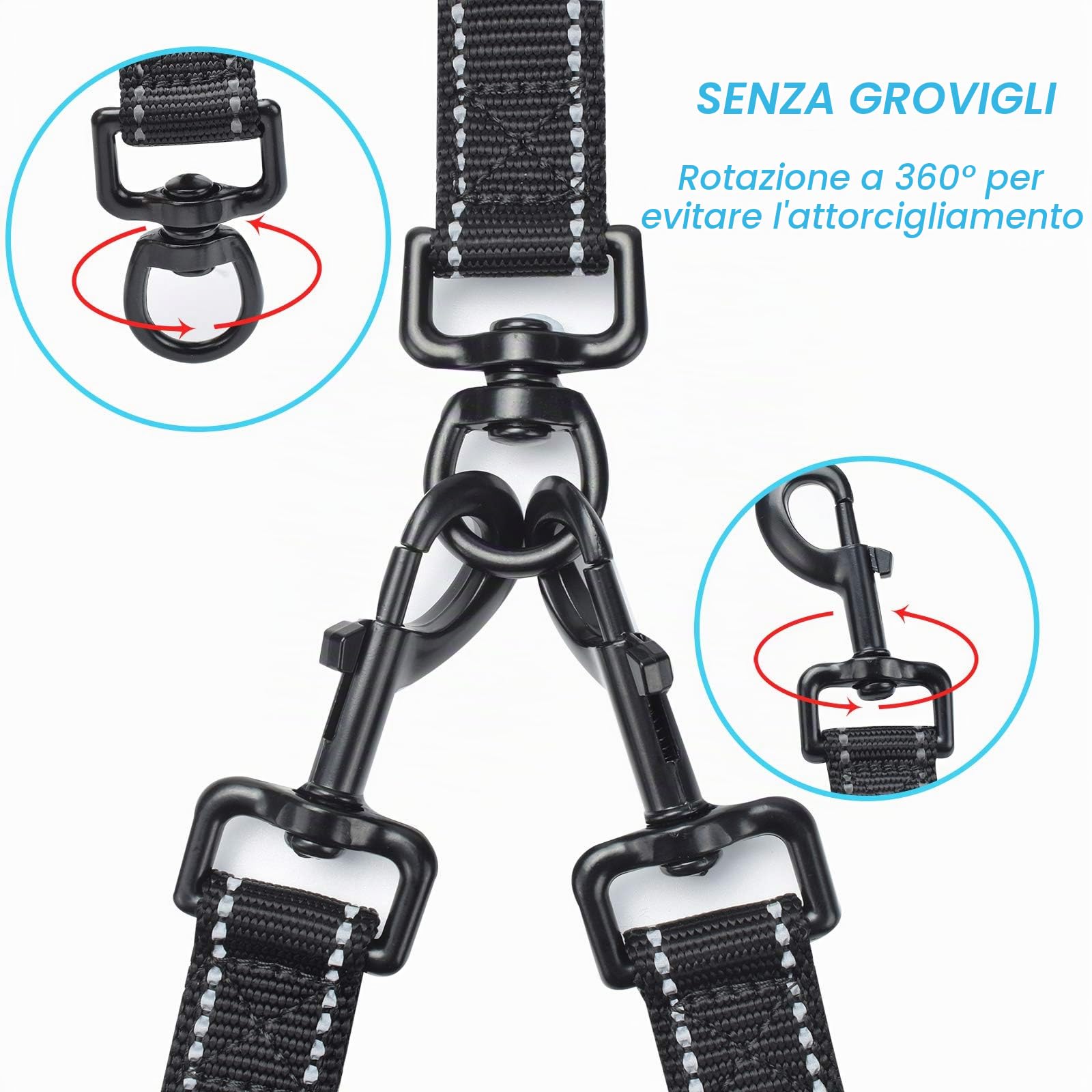PetBonus Guinzaglio Doppio per Cani, Guinzaglio Regolabile Riflettente per 2 Cani, 360° Antigroviglio Doppio con 4 Manici Imbottiti, Taglia Grande e Media, Ideale per Passeggiate (Nero)