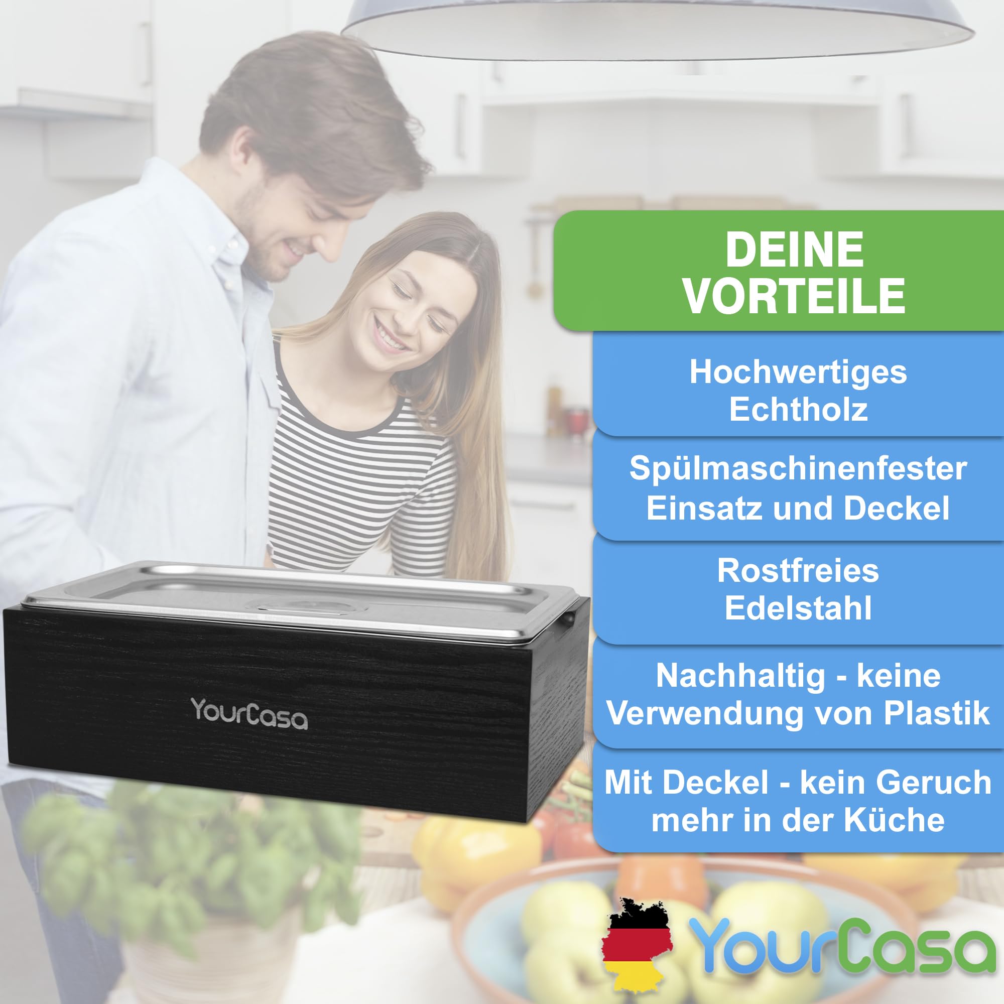 YourCasa Biomülleimer Küche 4,3 L - Komposteimer im Naturholz-Design mit Edelstahl-Einsatz & Deckel - spülmaschinenfest, geruchsdicht & plastikfrei - Bio Mülleimer klein für Biomüll (Esche dunkel)