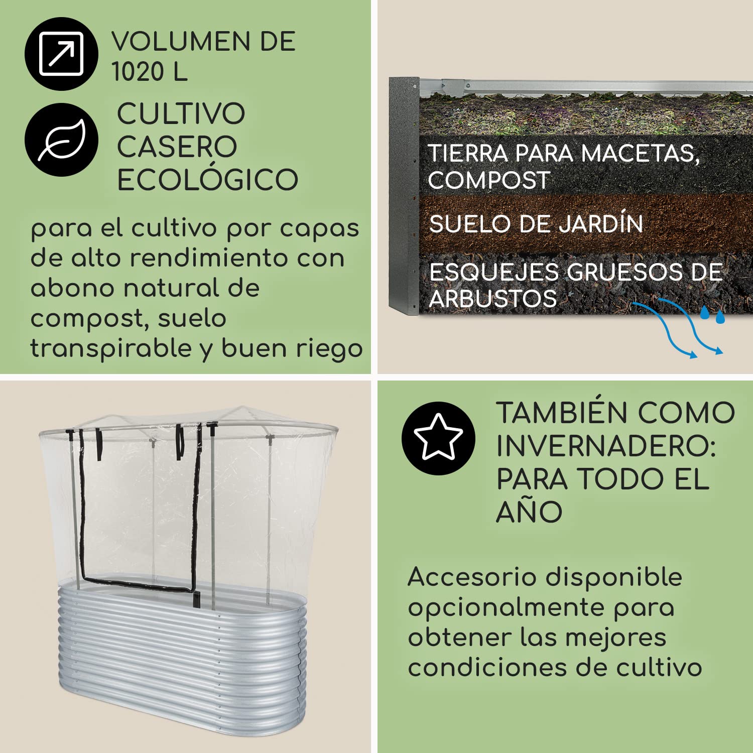 blumfeldt Cama de Cultivo Elevada de Metal para Jardín, Jardinera de Exterior para Huerto, Hierbas, Flores y Verduras, Kit de Bancal de Acero 804 L, Resistente a la Intemperie y Antioxidante, 1,6 m