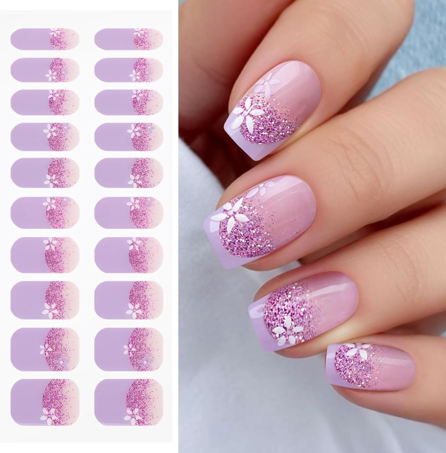 16Pcs Floral Gradient Semi Cured Gel Nail Stickers, UV Lamp Treated Wraps, Trendy gush Beauty Nails, Exquisite Printed Manicure Accessories for DIY Nail Craft & Daily Ornament-picture-10