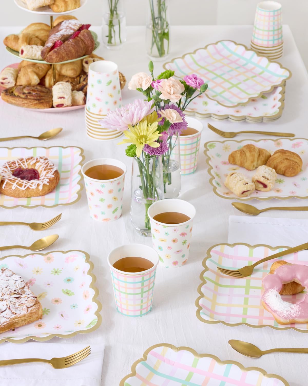 xo, Fetti Flower + Plaid Paper Plates - 24 pk, Square Flower Tea Party | Partea Kids Birthday Party Supplies, Tea Kettle, Pastel Garden Baby Shower Decorations, Easter, Mother's Day