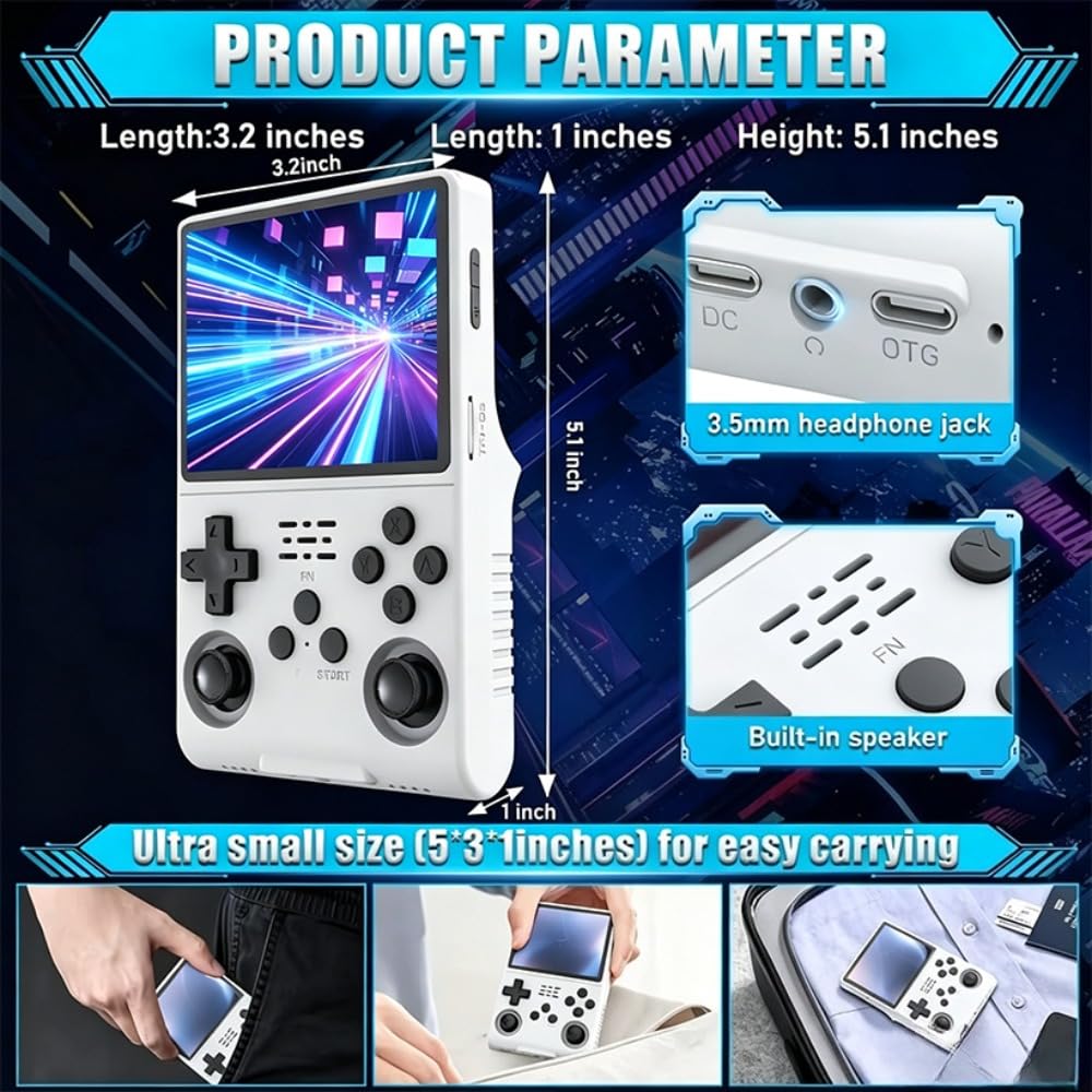 R40S PRO - Reproductor de videojuegos retro portátil, pantalla IPS de 3.5 pulgadas, tarjeta TF de 128 GB, batería recargable de 3800 mAh, compatible con juegos retro multiformato
