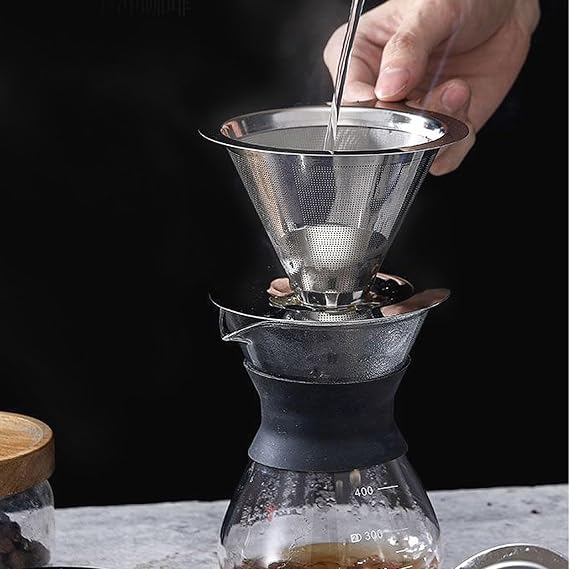 Coffee Filters, Reusable Stainless Steel Mesh Pour Over Dripper, Permanent Drip Cone with Holder for Filter Coffee - Brews 1-3 Cups