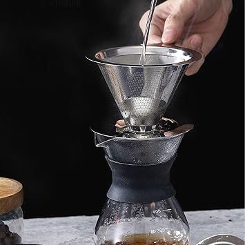 Coffee Filters, Reusable Stainless Steel Mesh Pour Over Dripper, Permanent Drip Cone with Holder for Filter Coffee - Brews 1-3 Cups