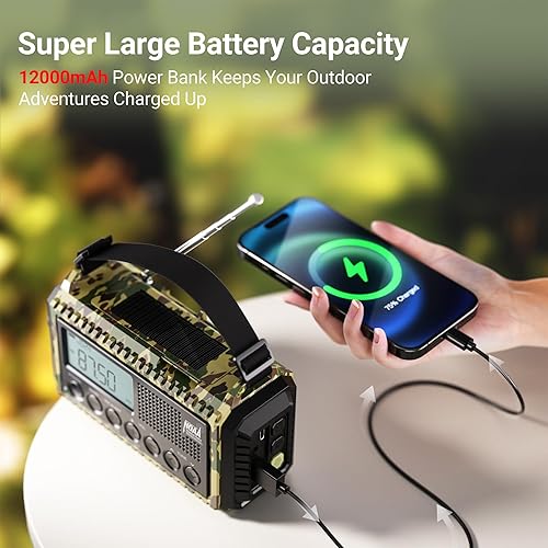 Miniatura 3 de Radio de emergencia 12000, radio meteorológica digital automática portátil AM FM SW NOAA, radio solar recargable con manivela con linterna, cargador