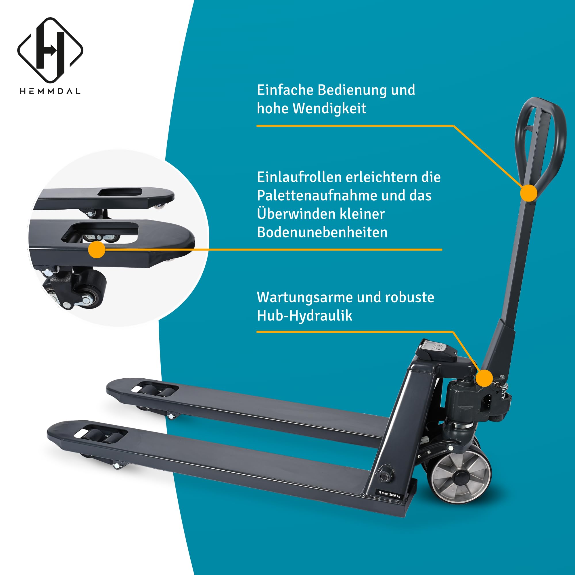 HEMMDAL Hubwagen PTM mit Waage | Display mit 5 kg Schritten | 2.000 kg Tragkraft | 1.150 mm Gabellänge | Polyurethan Lenkrad | Polyurethan Tandem-Gabelrollen | Wiegehubwagen