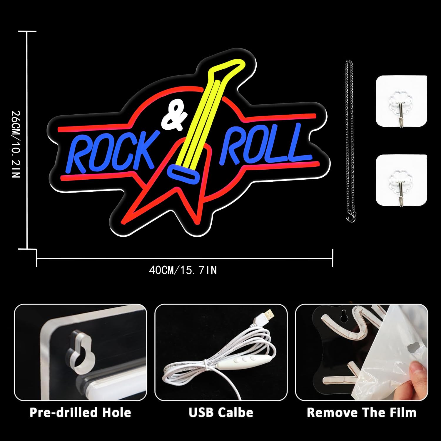 UExnkj-Y Rock Roll Neon Sign Neon Musical Guitar Rock Neon Logo USB Dimmable Neon Light Signs for Bedroom Playroom Music Studio Rock Party - Image 3