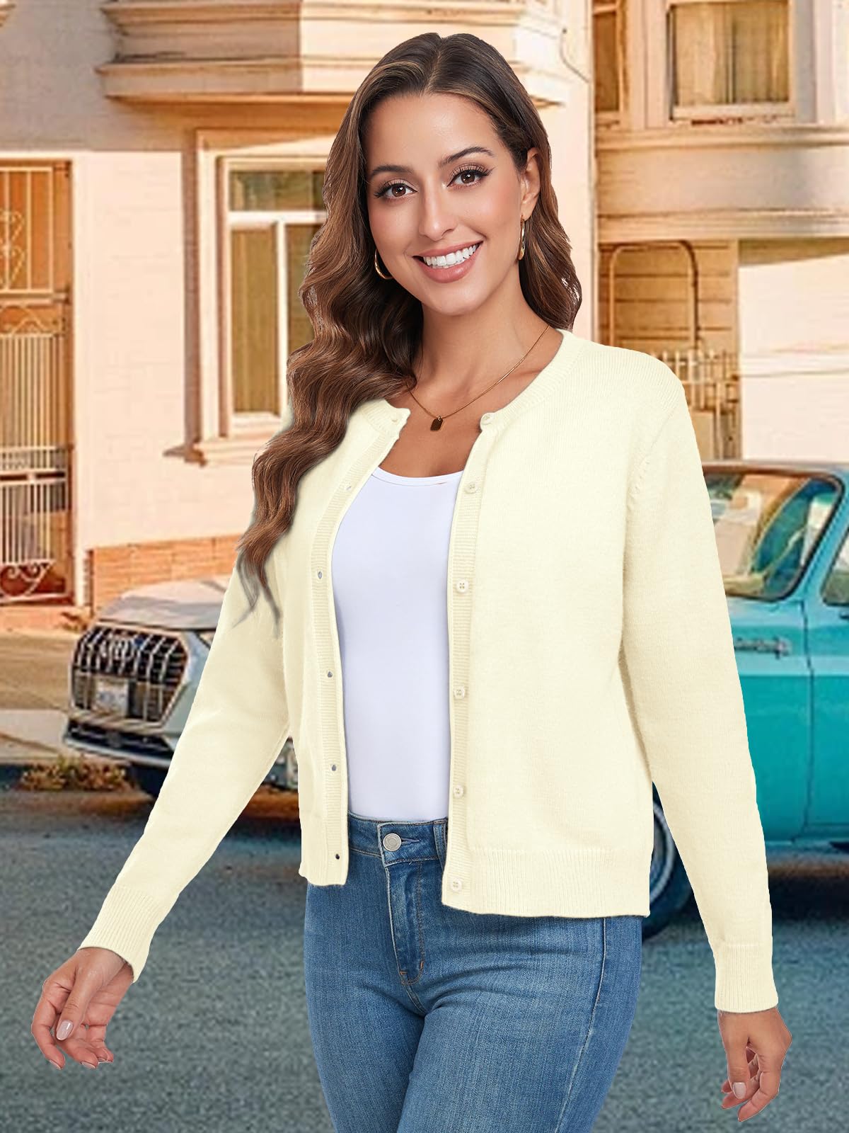 Womens Long Sleeve Crew Neck Cardigan Sweater Lightweight Button Down Knit Tops for Women