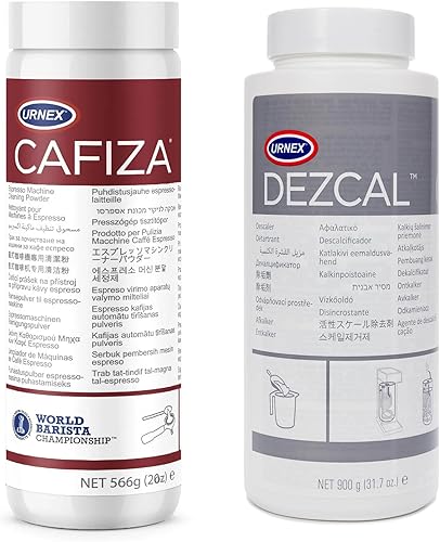 Urnex Cafiza - Polvo de limpieza (19.97 oz) y removedor de escamas Dezcal (31.16 onzas), kit de cuidado de café y espresso, mantenimiento de la