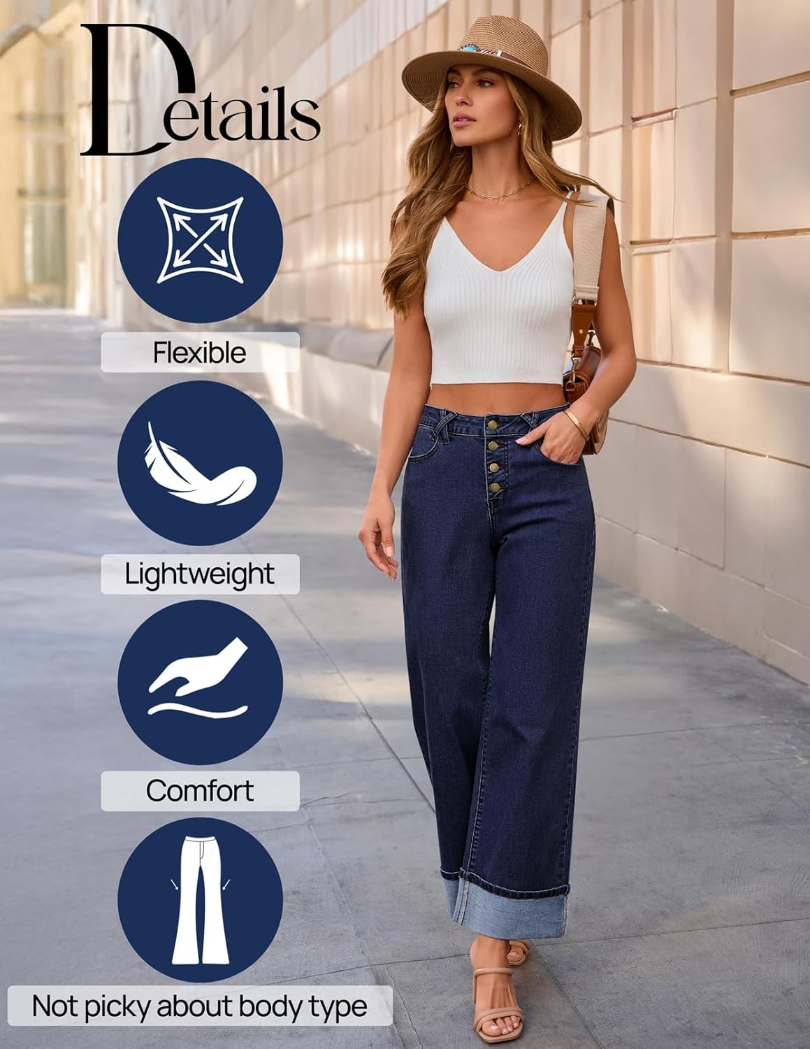 MEROKEETY Wide Leg Jeans Women 2026 Baggy Trendy Mid Rise Button Fly Straight Leg Turned-up Hem Denim Pants with Pockets