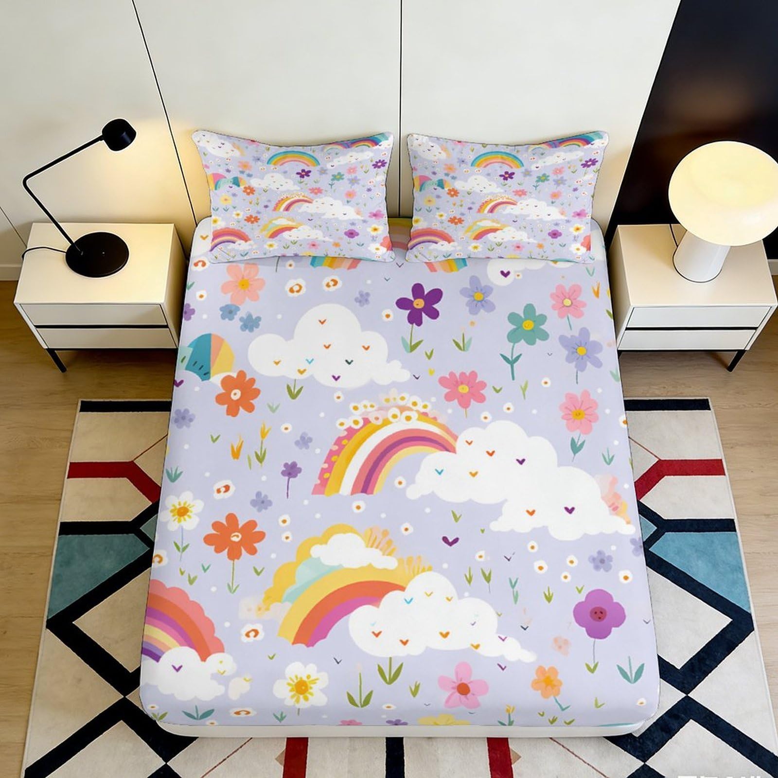 3D Printed Rainbow Cloud Fitted Sheet Microfiber Deep Pocket Non-Slip Bedding Rainbow Cloud Mattress Fitted Cover for Adults Teens 180x200x25cm