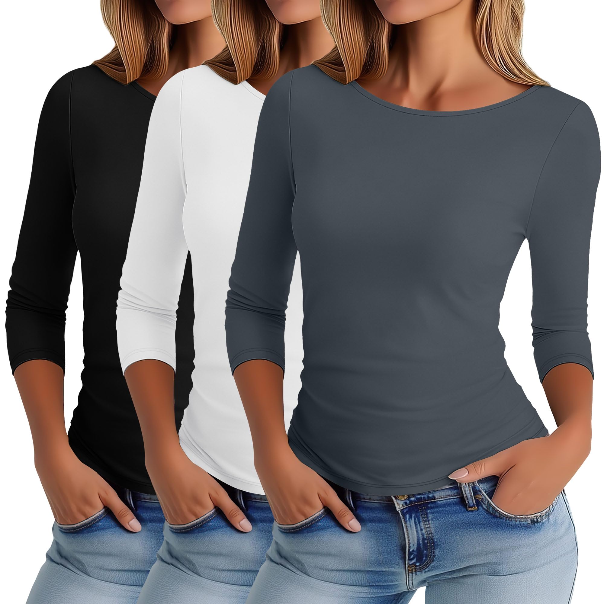 Ficerd 3 Pack Women's 3/4 Sleeve Boat Neck T Shirts Slim Fit Tight Basics Top Casual Comfy Tops