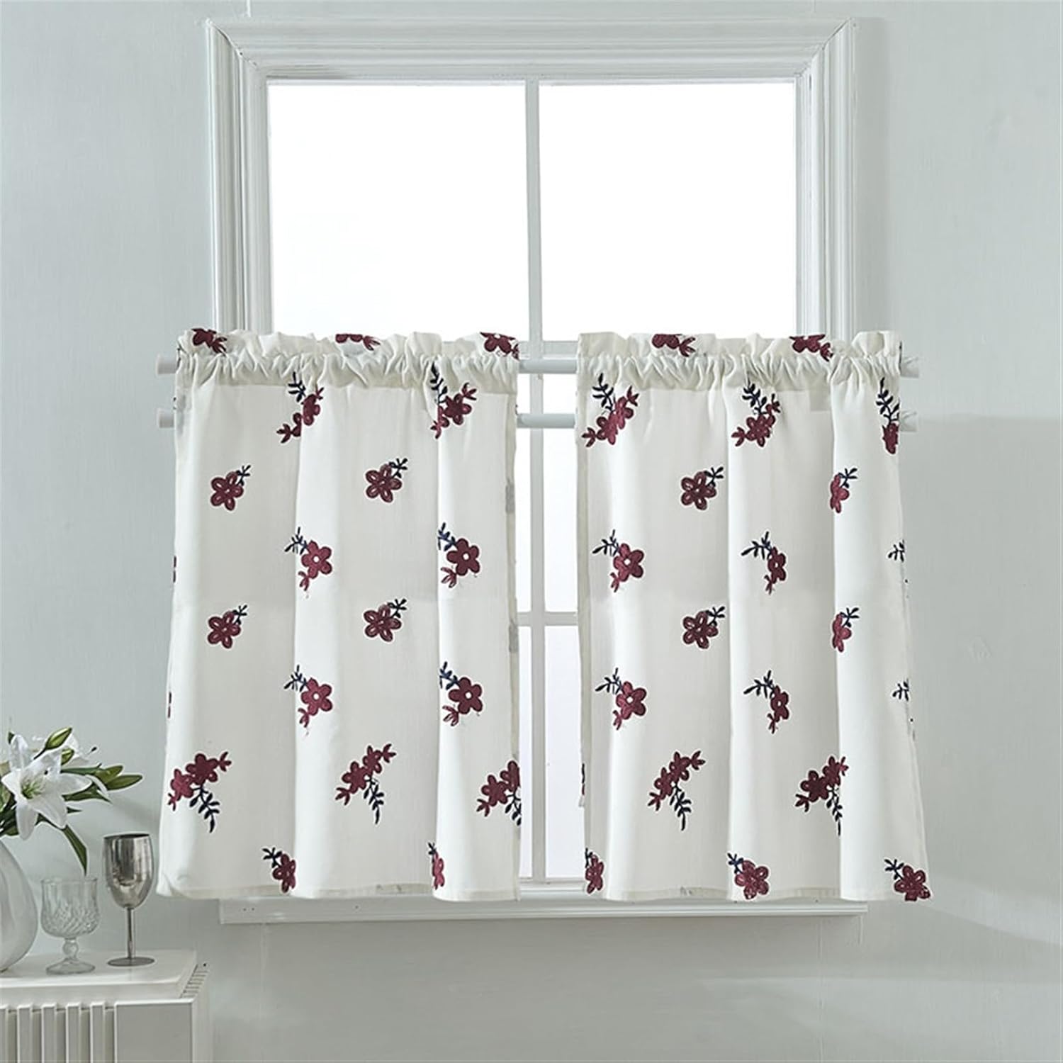 Lifup 2 Panels Kitchen Curtains Tier Curtains, Boho Half Window Curtains Farmhouse Short Cafe Curtains with Rod Pocket for Bathroom, Cabinet, Basement, Camper White 54" W x 24" L