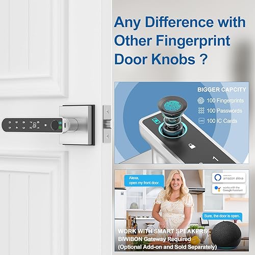 Miniatura 5 de Cerradura de puerta de huellas dactilares, perilla de puerta 5 en 1 con aplicación inteligente, huella dactilar, tarjetas ICcontraseñallaves de