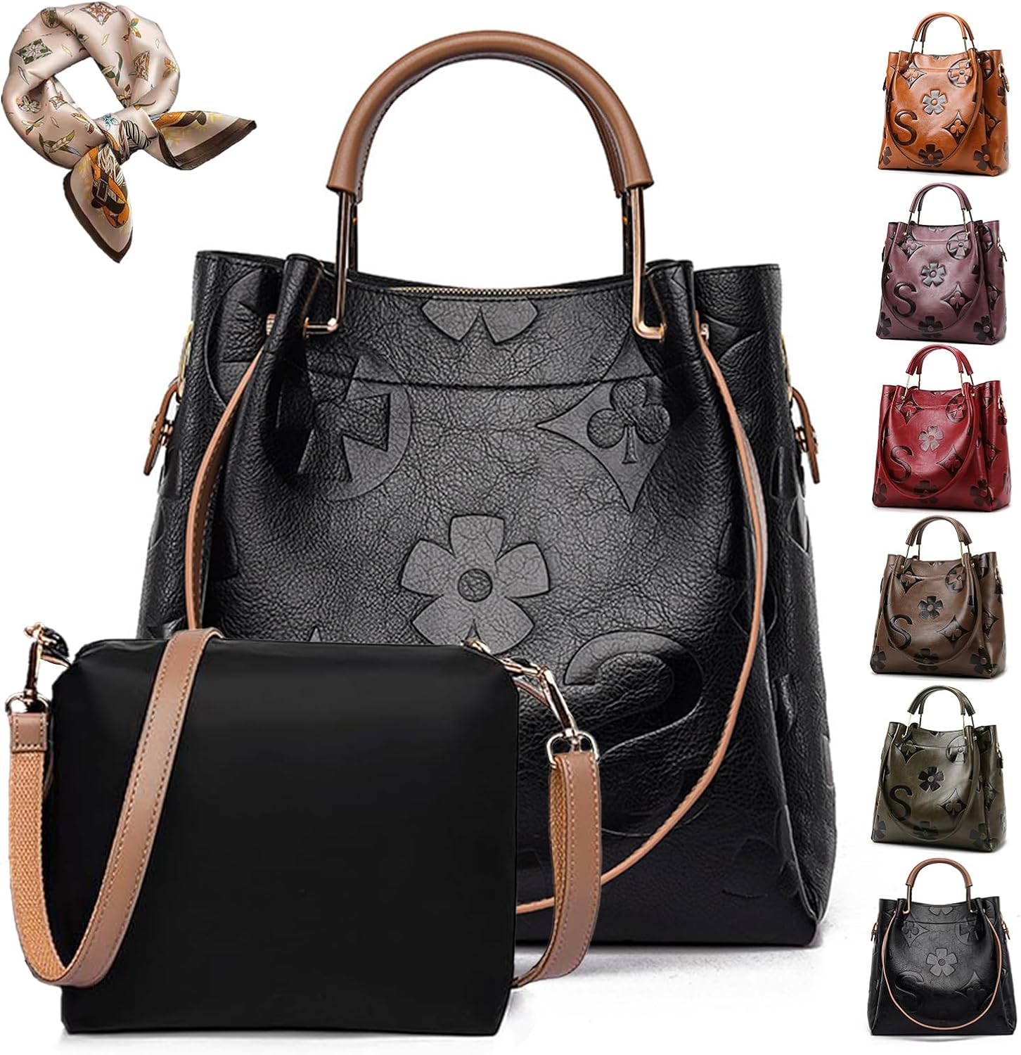 Floral Handbags PU Leather Shoulder Bag for Women, Embossed Purses & Hand Bag Trendy Designer Women's Bucket Tote