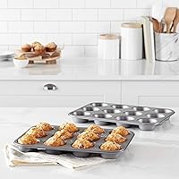 Vista 2 de Yaxa Basics Molde redondo antiadherente para hornear muffins, 12 tazas, juego de 2, gris, 13.9 x 10.55 x 1.22 pulgadas