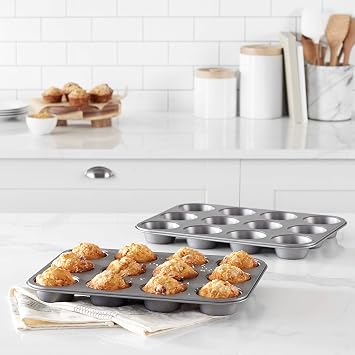 Amazon Basics Nonstick Muffin Pan, Set of 2, Sturdy, Oven Safe, Bakes Evenly, Easy to Clean, 12 Cups, Gray, 13.9x10.55x1.22
