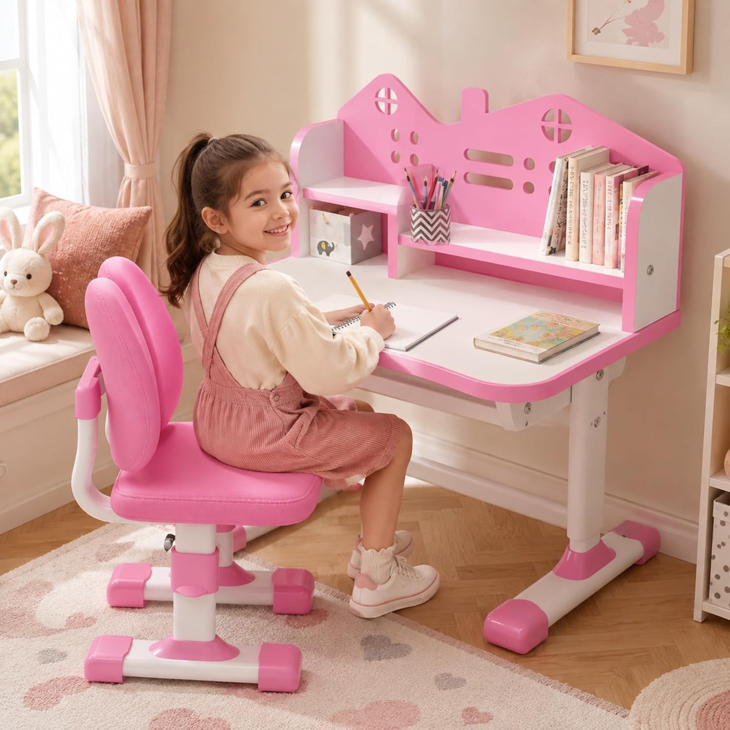 Kids Desk and Chair Set, Height Adjustable Study Table with Storage