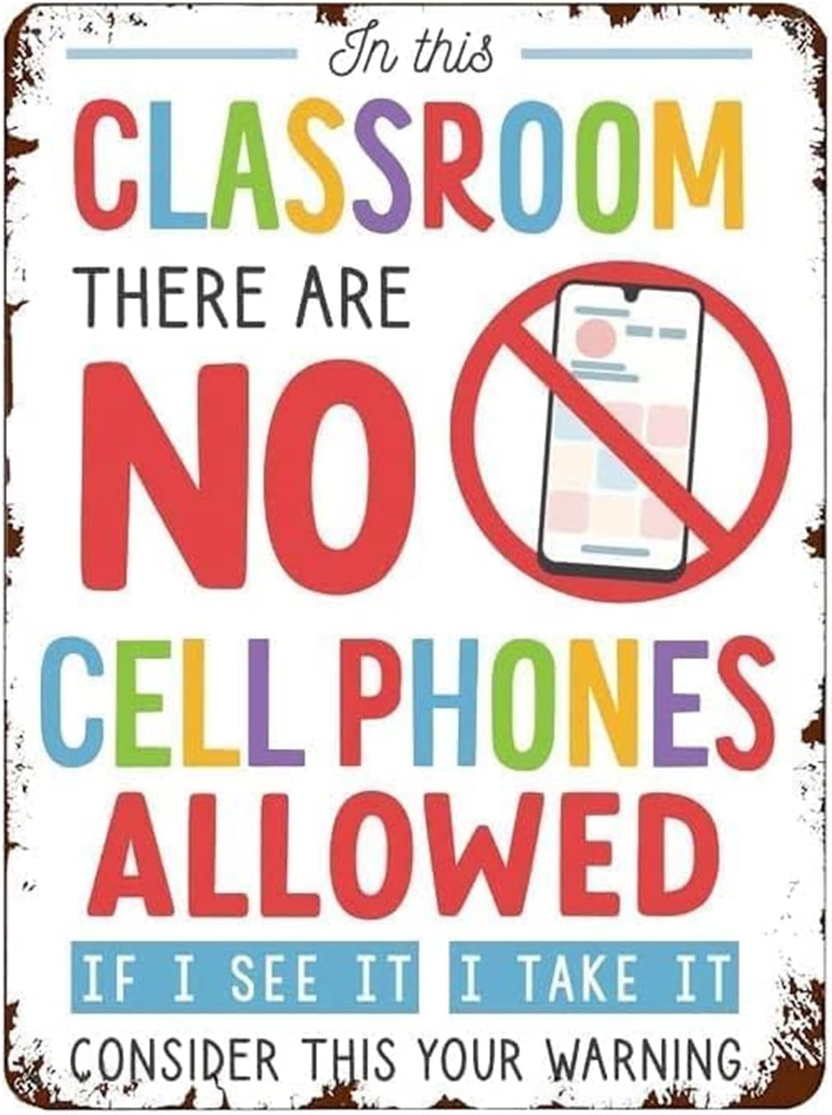 IDGTTLDF School Policy Sign No Phones Allowed Vintage Tin Metal For Classroom Library Office Study Room 8 X 12 in