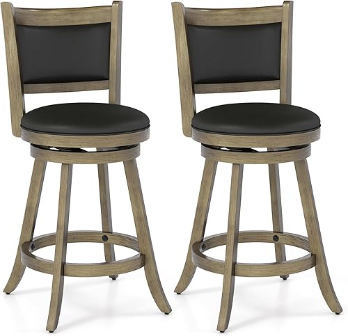 Miniatura 14 de COSTWAY Juego de 2 taburetes de bar, giratorios de 360 grados, taburete de bar giratorio de madera con altura de mostrador, diseño tapizado de tela,