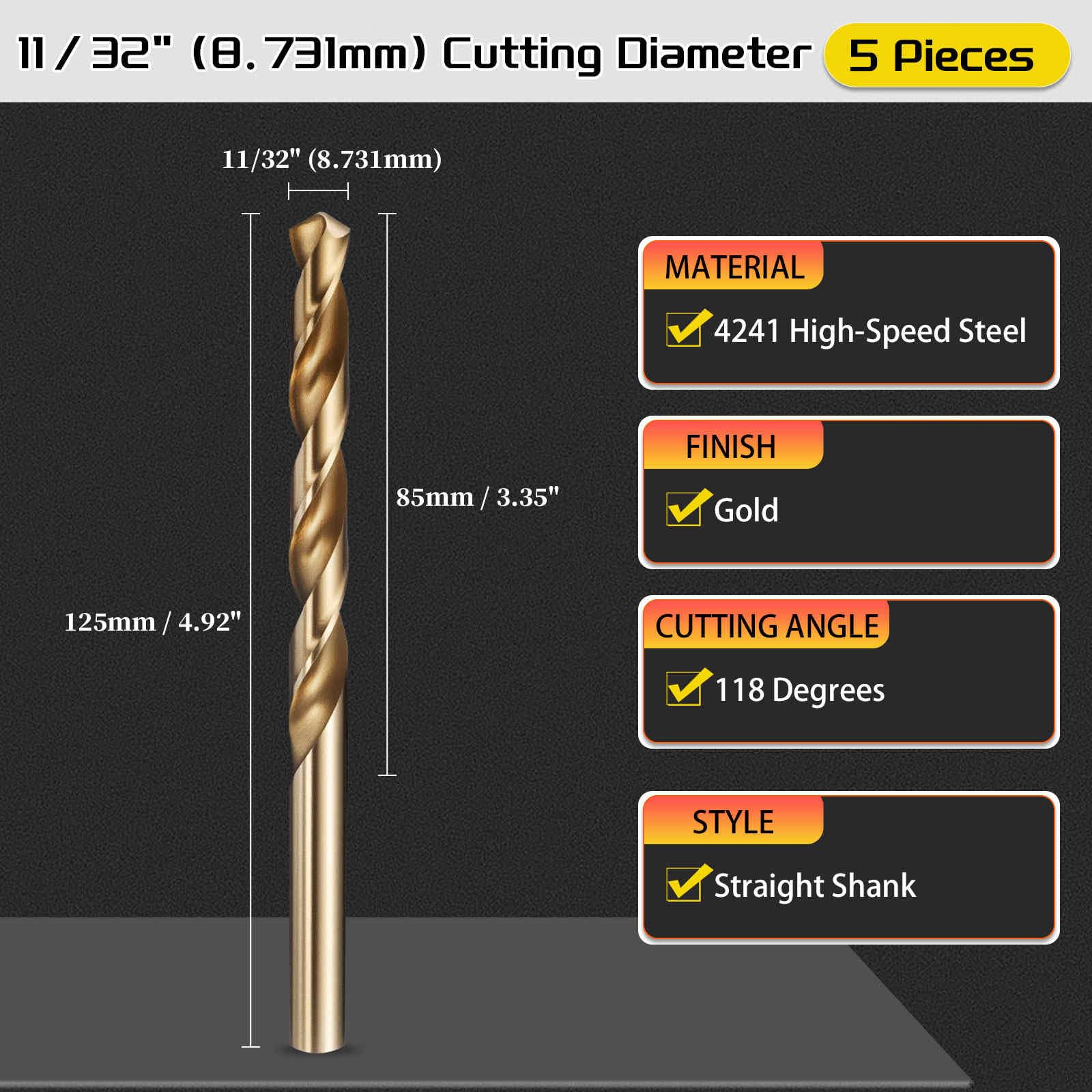 CoCud 8.7mm Drill Bit, 11/32" Cutting Diameter, 4241 HSS Gold 118° Cutting Angle Versatile Jobber Bits - Image 2