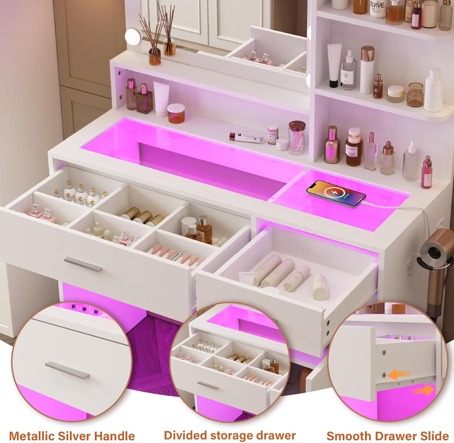 Modern White Vanity Desk with Lighted Mirror & RGB Adjustable Brightness – Elegant Dressing Table with Glass Top & Power Outlet, Perfect for Women & Girls' Bedrooms - 3 Lighting Modes (White)