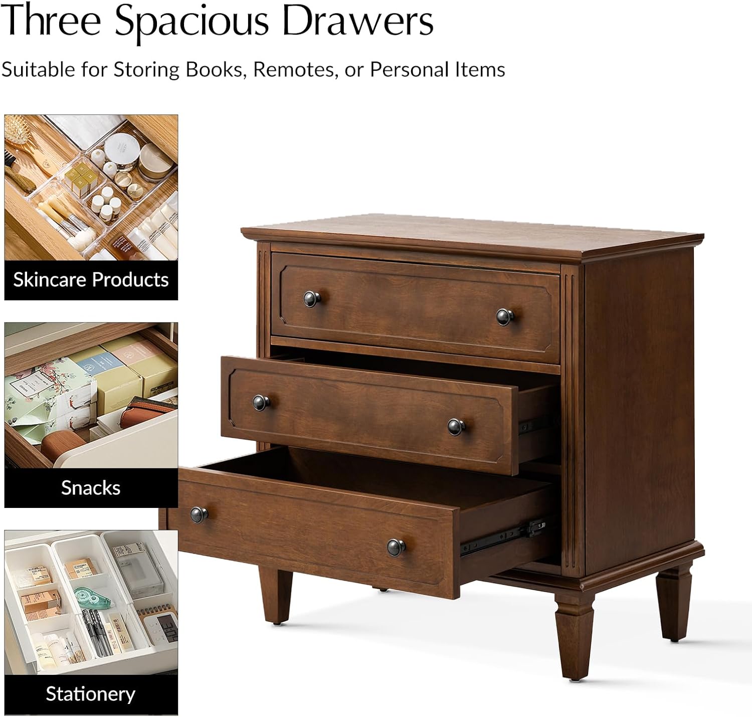 HULALA HOME 3 Drawer End Table with Charging Station, Wooden Drawer Organizer with Wood Legs, Mid Century Modern End Table Set of 2, Walnut