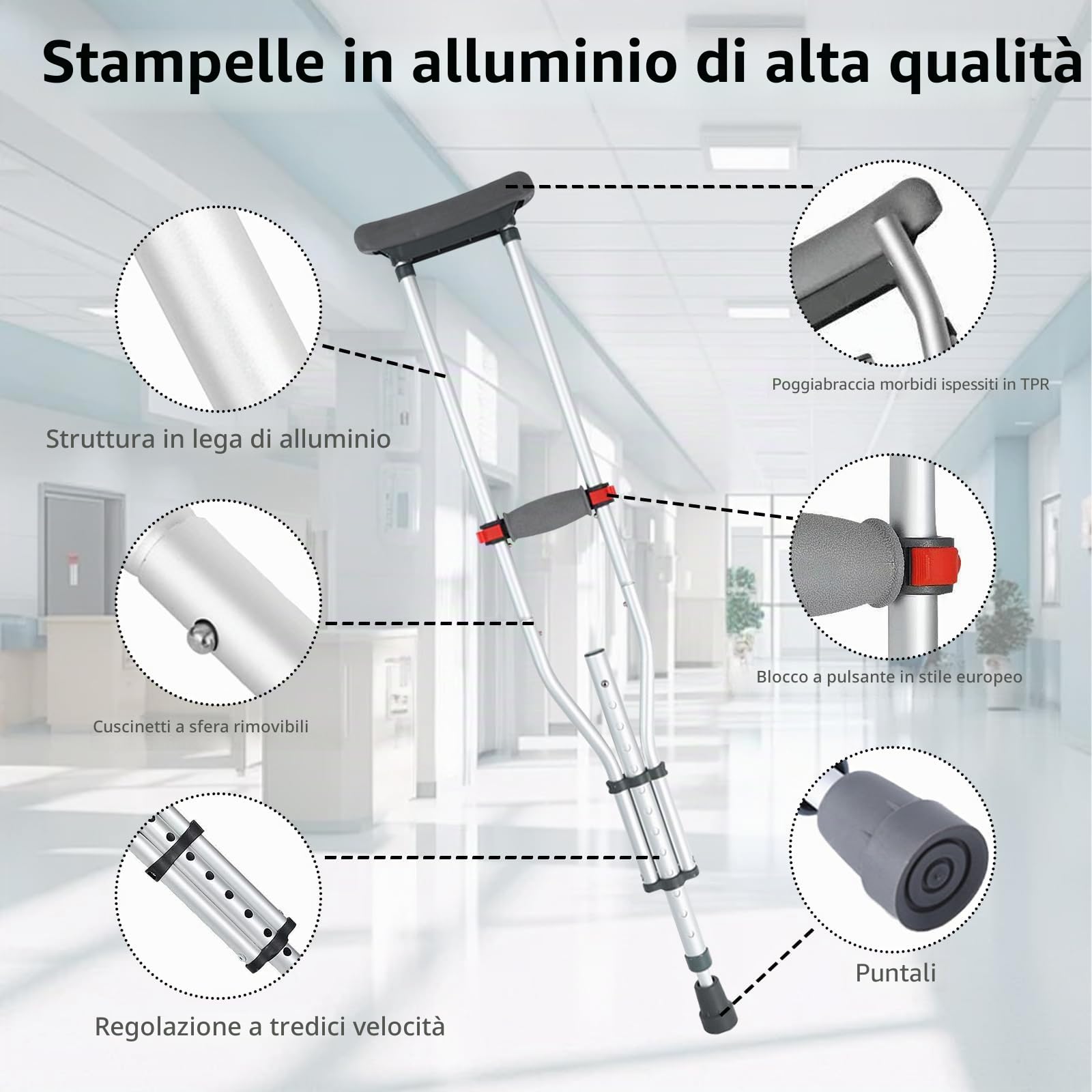 Stampelle Ascellari, Ortopediche Regolabili, Supporti per Avambraccio, Portata 150 KG, Stampelle in Alluminio Pieghevole con Poggia Avambraccio e Poggia Mano Morbidi, 1 Paio