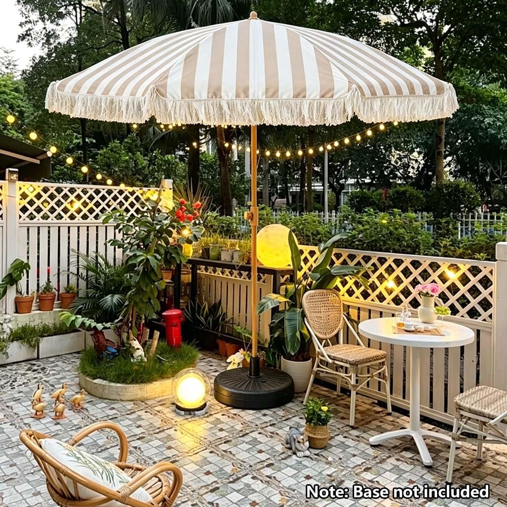 180 cm Paskowany Parasol Tarasowy z Frędzlami, Boho Parasol Ogrodowy z Regulowaną Wysokością i Kątem Nachylenia 30° do Basenu Ogrodowego