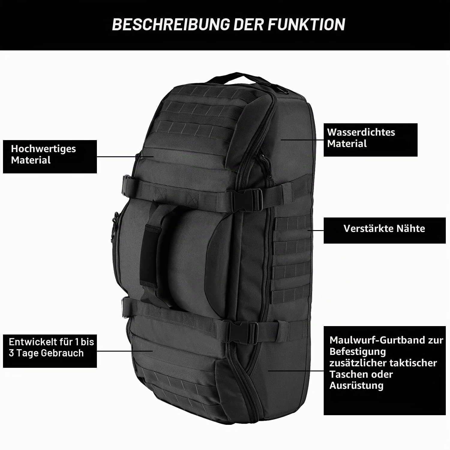 Große Reisetasche, 3-in-1 taktischer Rucksack, MOLLE-Pack für Sport, Fitnessstudio, Outdoor, Schwarz, 65L, Aktivitäten im Freien