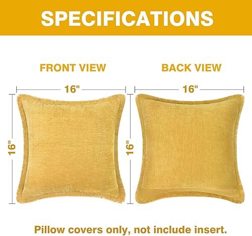 Miniatura 5 de Juego de 2 fundas de almohada amarillas cuadradas de 16 x 16 pulgadas, fundas de almohada rústicas suaves y rústicas de teñido sólido con borlas,