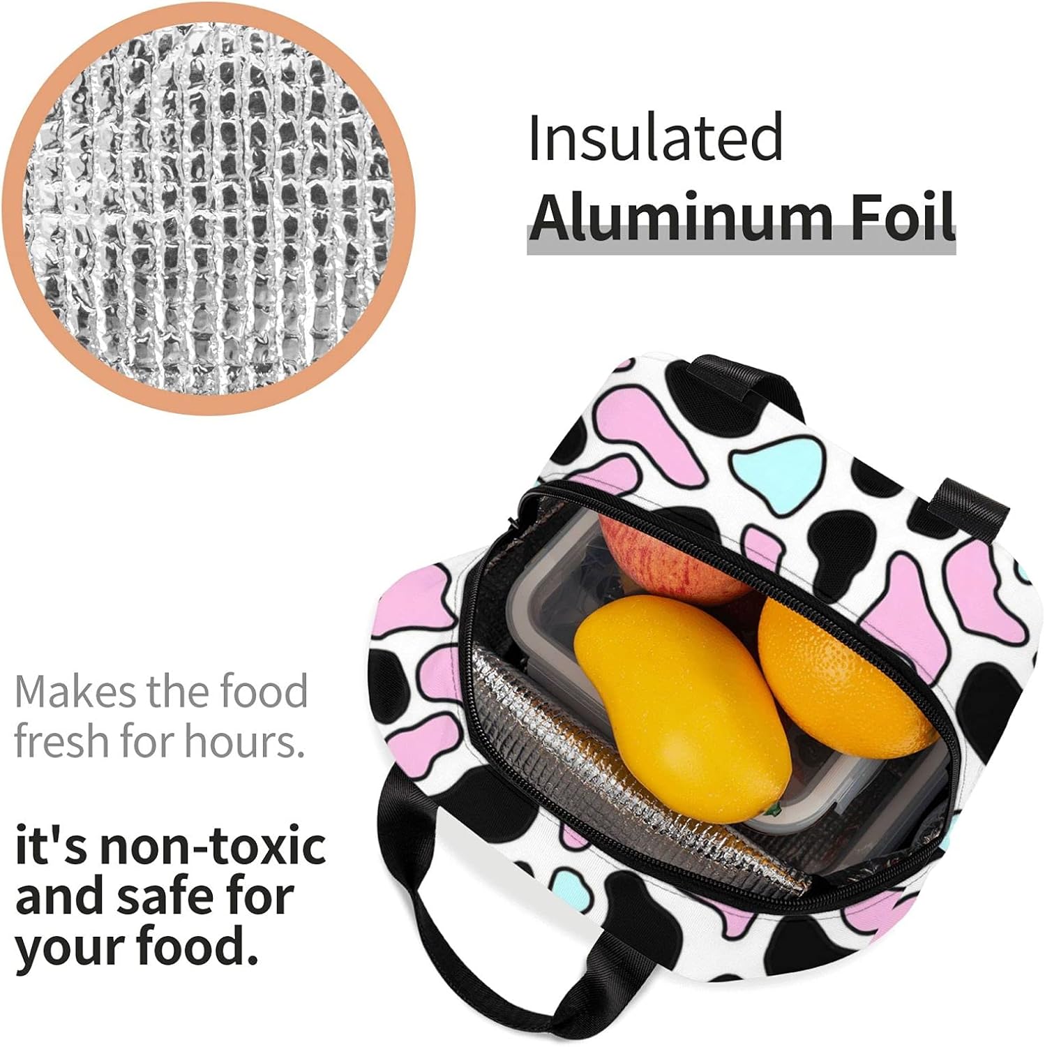 Insulated Lunch Bag Reusable Lunch Box Women Men, Cooler Lunch Boxes Waterproof Lunch Tote for Picnic Office Work, Cute Cow Print - Image 5