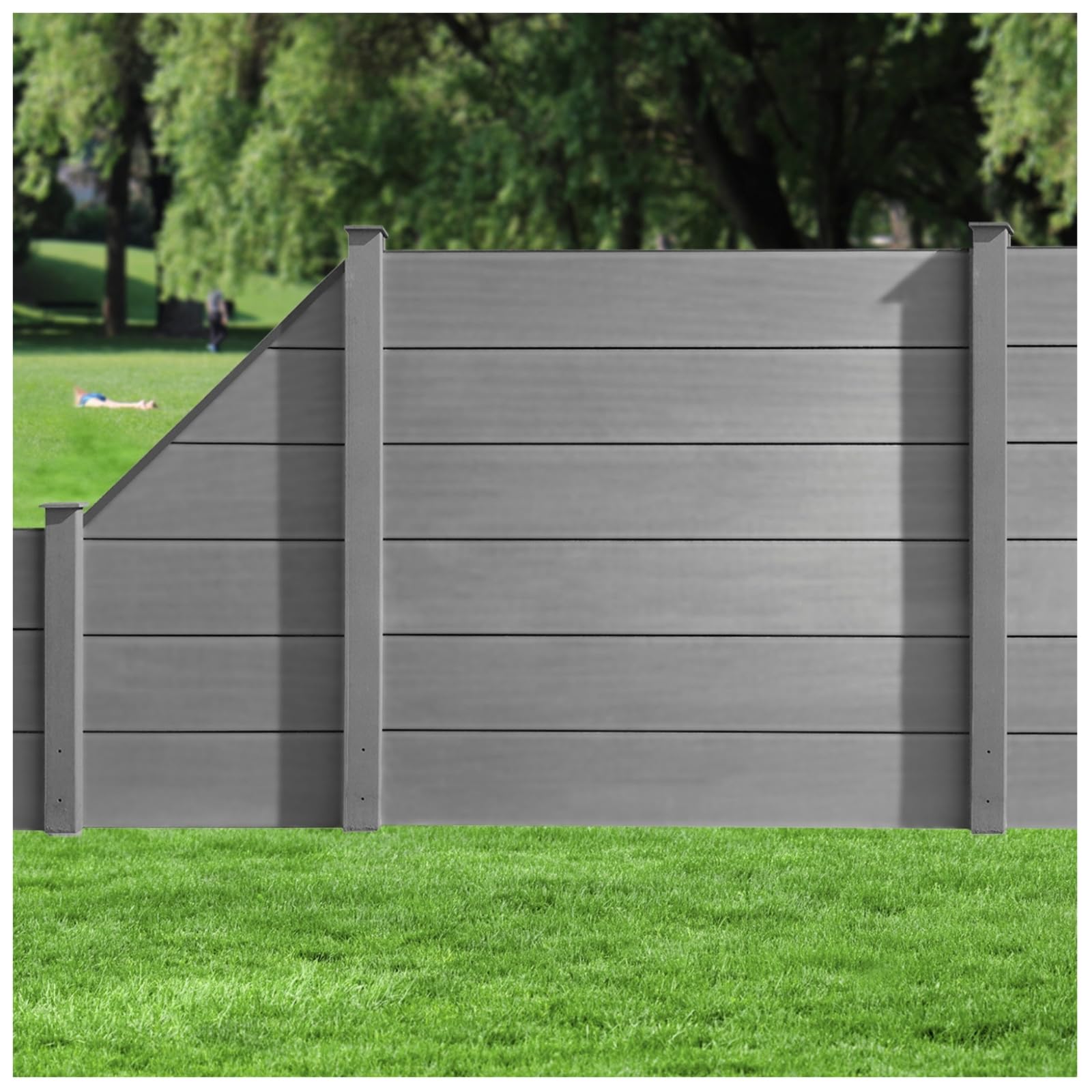 HORI WPC XXL Sichtschutz-Zaun, Steckzaun, Gartenzaun Komplettset beidseitig glatt 1x Schräg + 1x kl. Pfosten zum Aufschrauben Zaun: Grau I Pf.: Grau