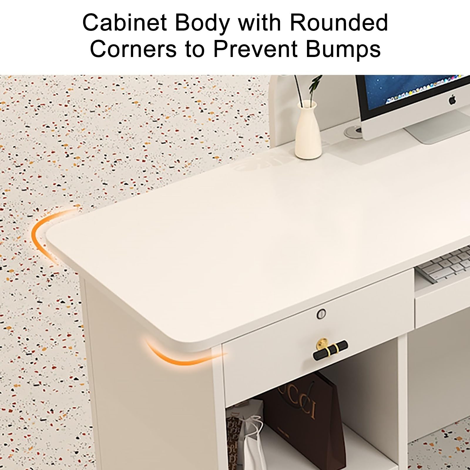 Moderno piccolo banco di ricezione con luci LED, cassetti chiudibili e frontale in legno, elegante banco di vendita al dettaglio per la reception