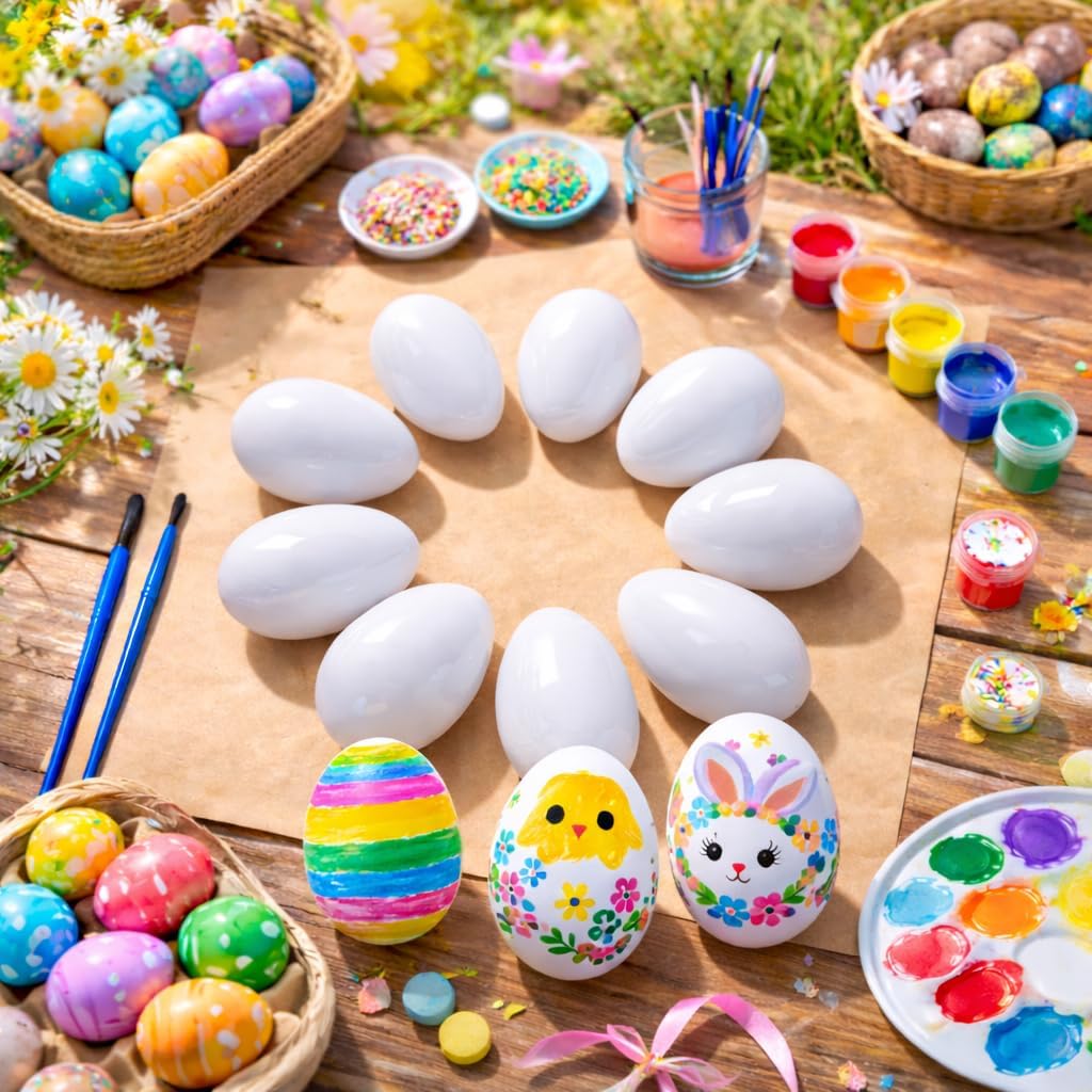 BestPysanky DIY Easter Egg Painting Kit – 9 Blank Plastic Eggs with 8 Paints & 2 Brushes for Decorating