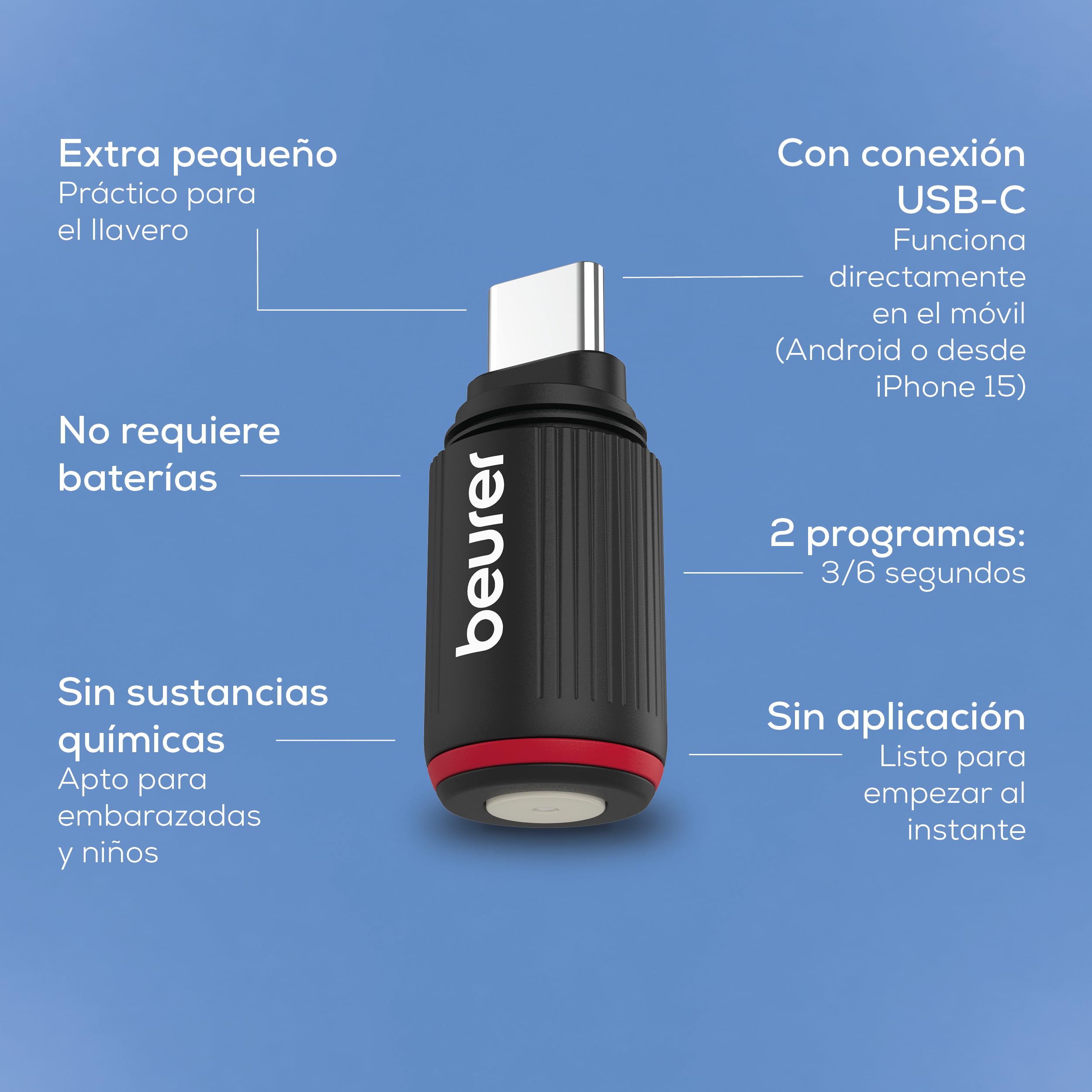 Beurer BiteX Go Deep Black Aparato contra picaduras de insectos para smartphone, tratamiento de mordeduras y picaduras, alivia el picor, para móvil Android y iPhone (USB‑C), con luz