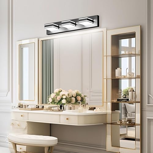 Miniatura 8 de Ralbay Luces LED modernas para tocador de baño, color negro, 3 luces, 24 pulgadas, negro mate, moderno, acrílico, accesorios de iluminación de pared