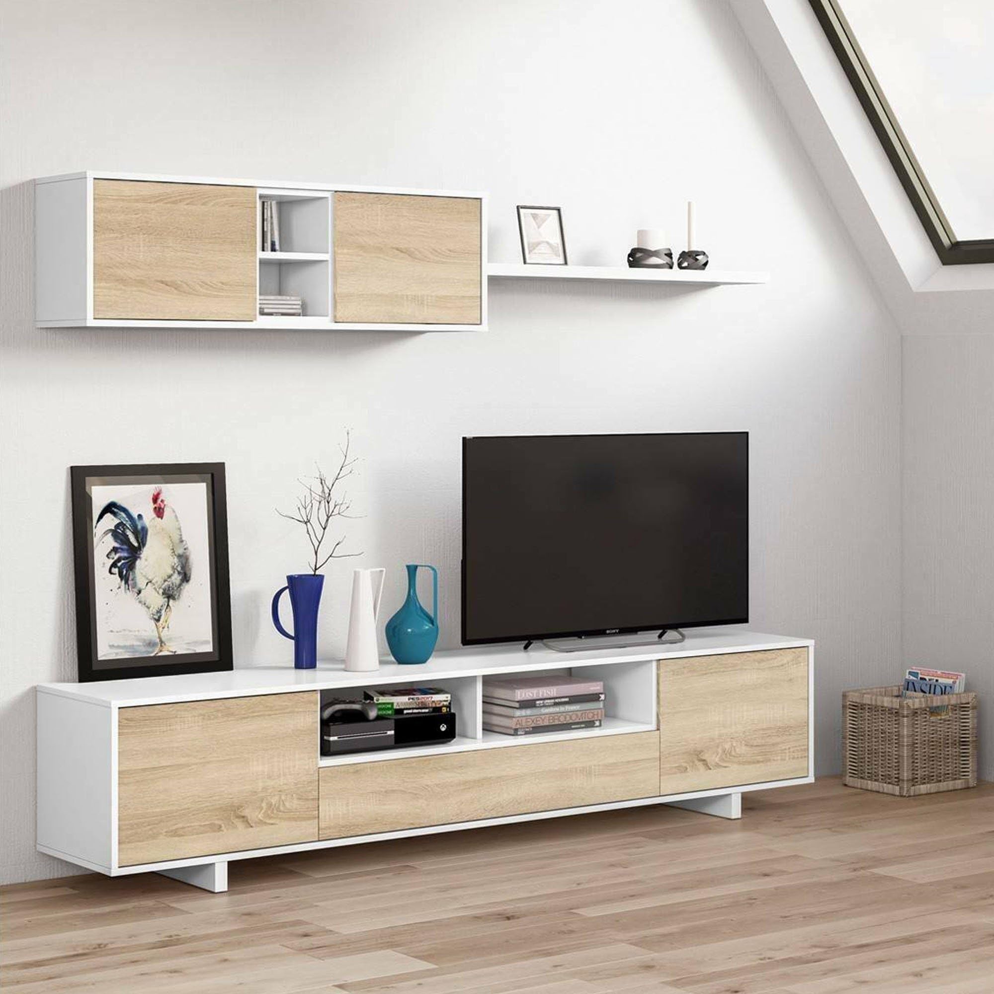 Dmora Parete attrezzata da Soggiorno, Mobile Porta TV Moderno, Pensile a 2 Ante e mensola, cm 200 x 46 x 41, Colore Rovere e Bianco, 200x46x41