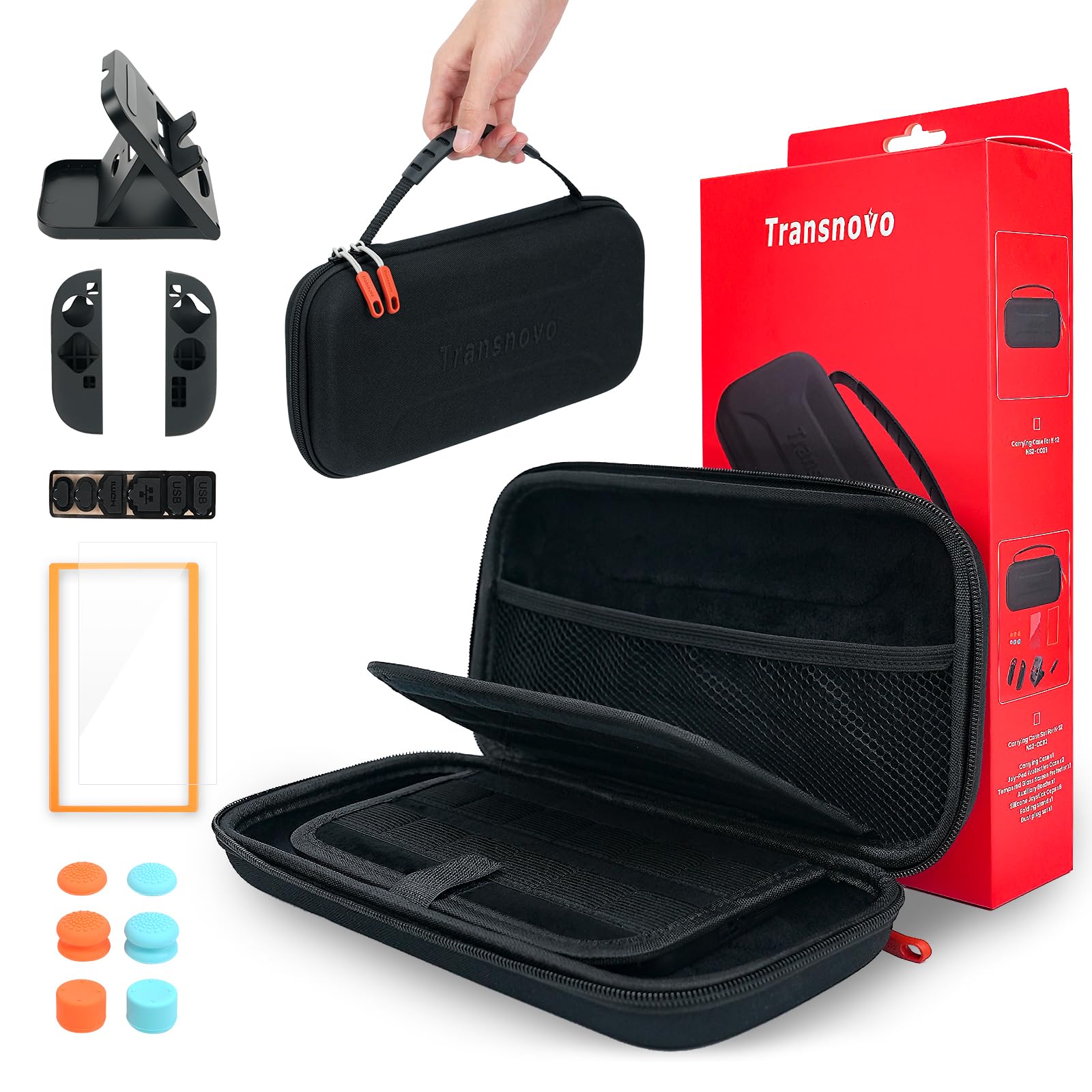 TRANSNOVO Funda para Nintendo Switch 2 con Accesorios – Estuche Rígido con 24 Ranuras para Tarjetas de Juego, Protector de Pantalla HD, Soporte, Capuchones de Joystick y Carcasas para Joy-con